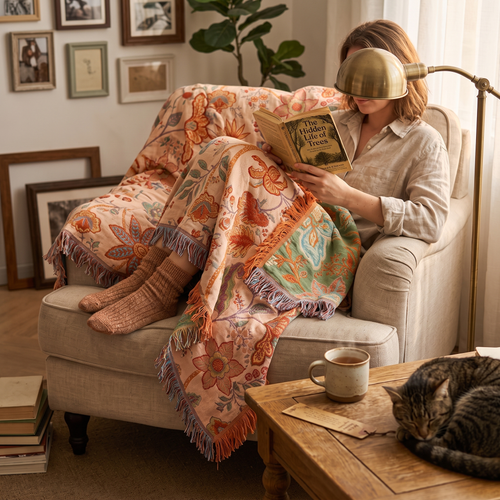 Blanket Throw Fringe Floral Boho Blanket