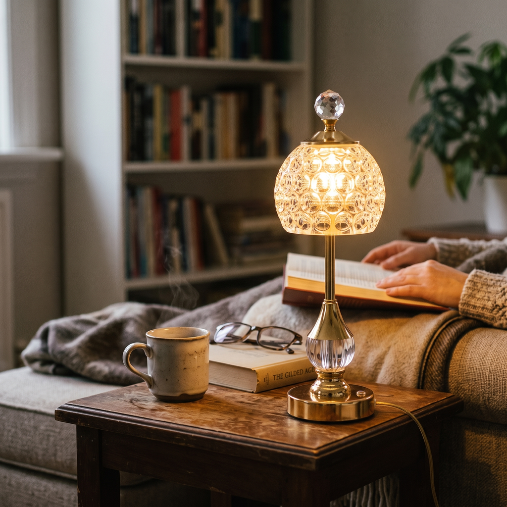 Art Deco Crystal Touch Table Lamp – rechargeable LED bedside lamp with gold base