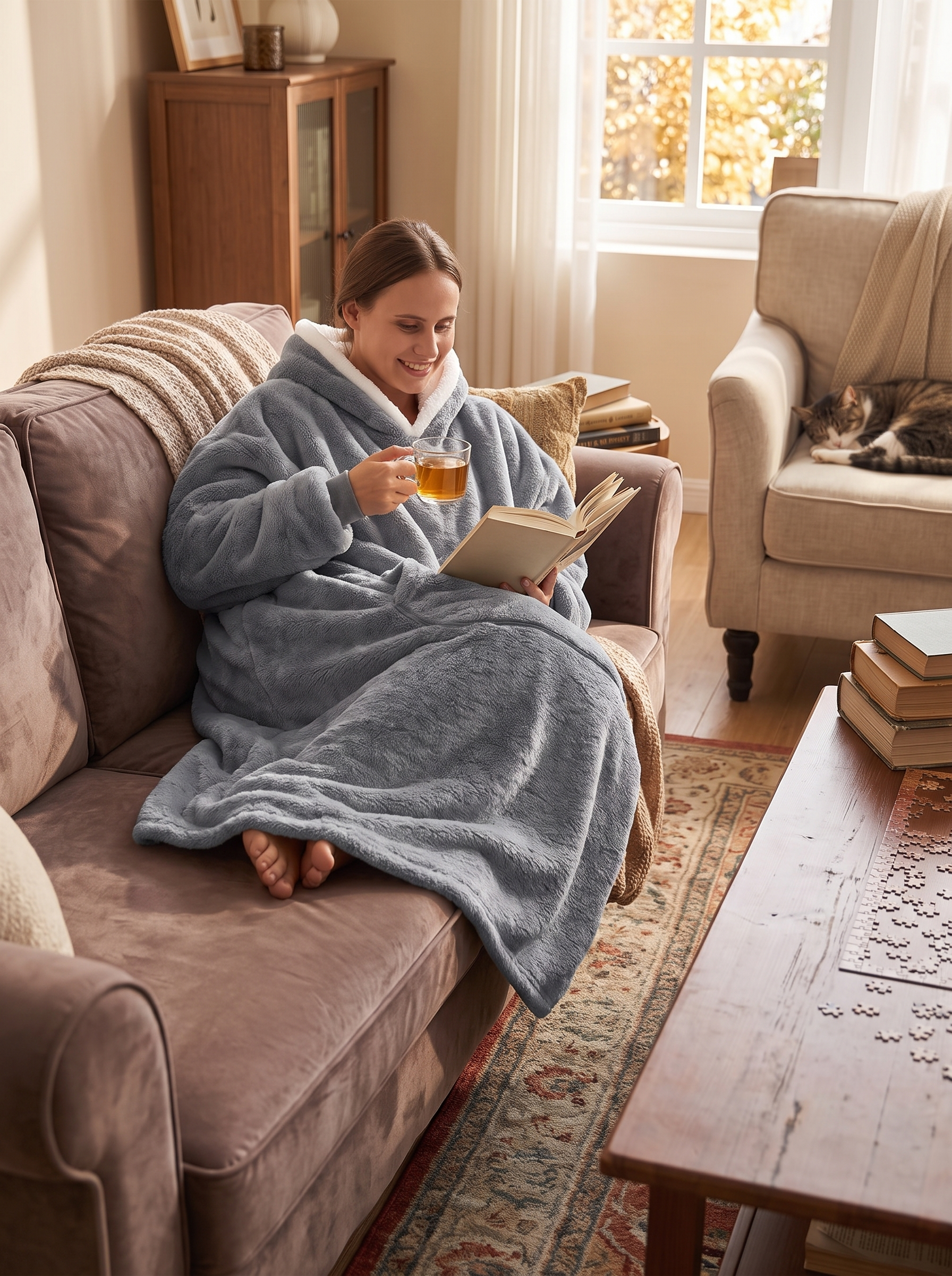 Hooded Wearable Blanket Warm From Head To Knee