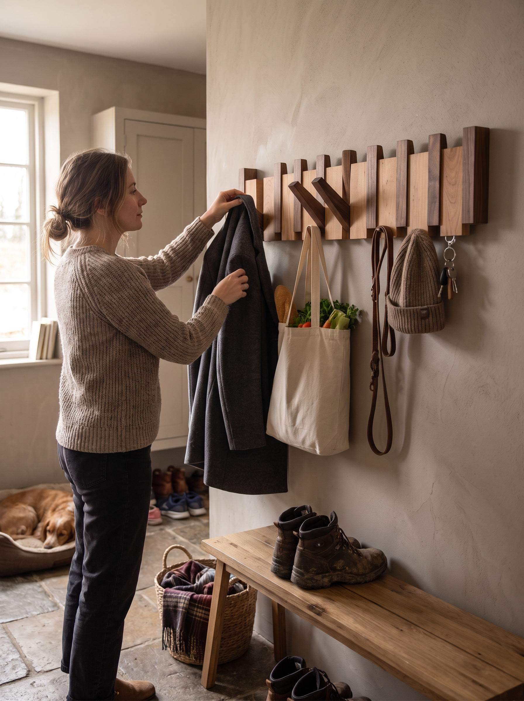 Piano Key Wooden Coat Rack Warm Wood, Playful Design