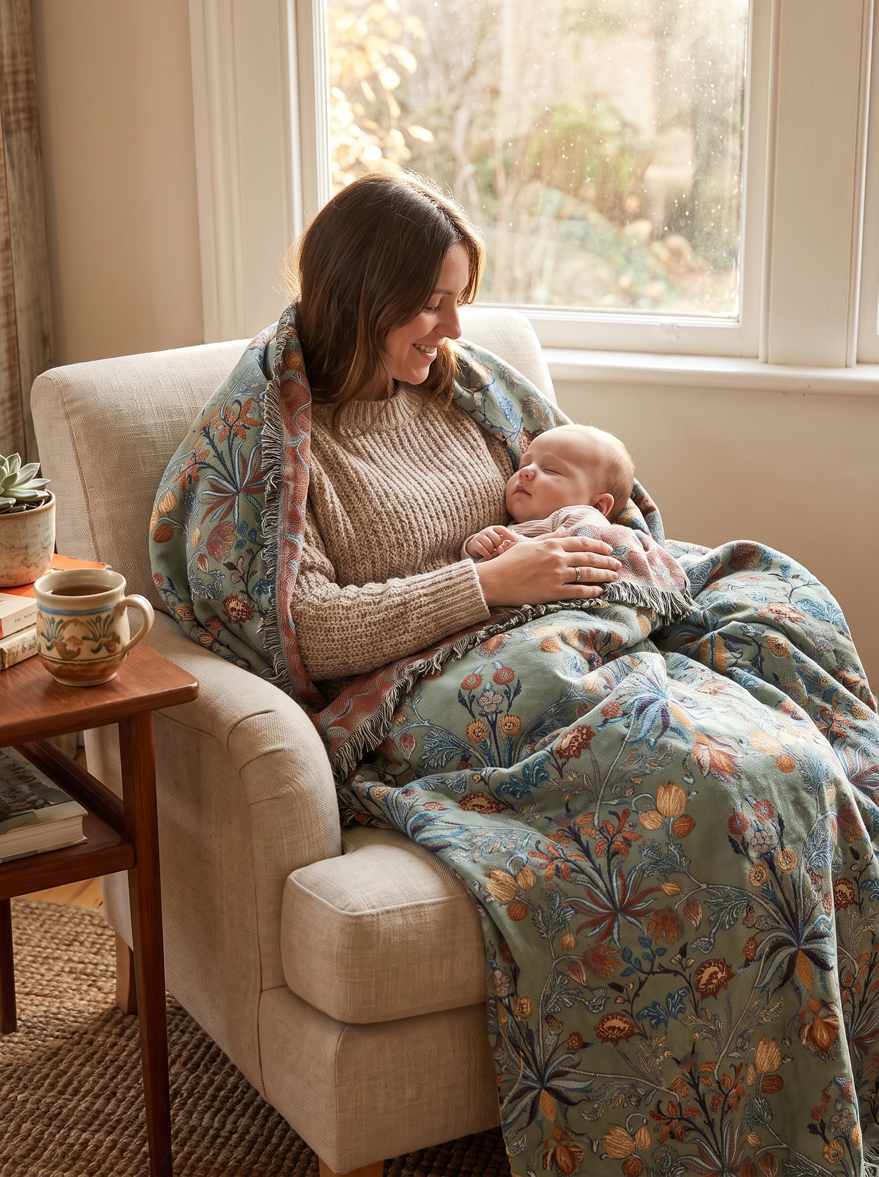 Reversible Floral Cotton Blanket Woven Florals, Both Sides