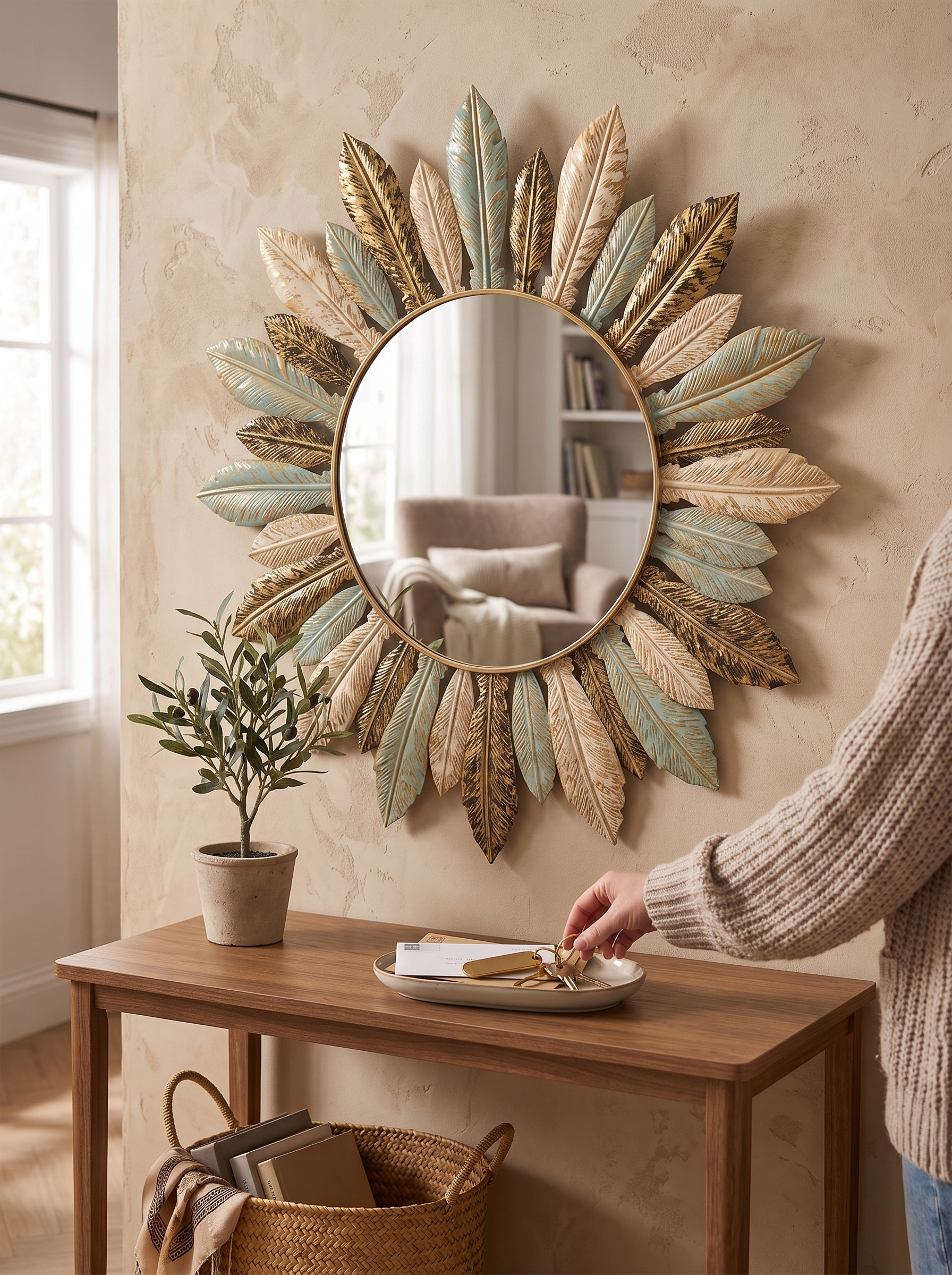 Teal and Gold Sunburst Mirror Light And Art In One
