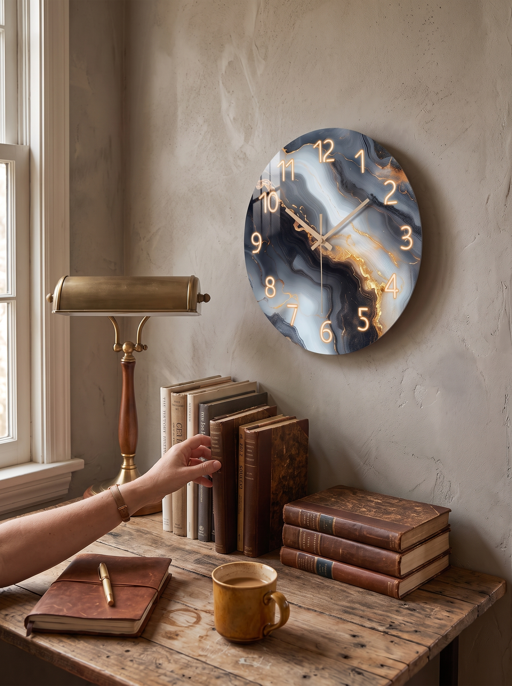 Blue Gold Marble Effect Wall Clock Depth That Shifts With Light