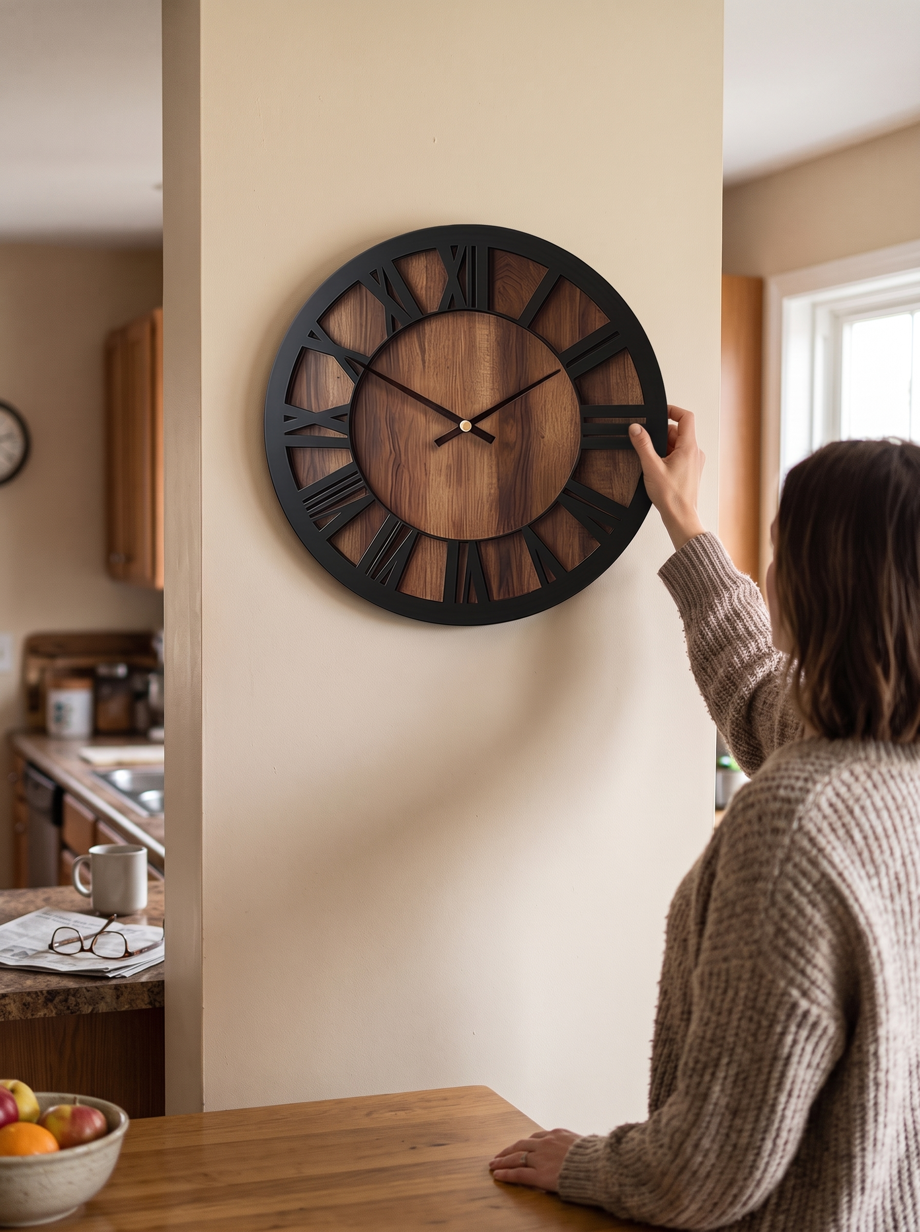 Vintage Roman Numeral Wall Clock Warm Timber Tones